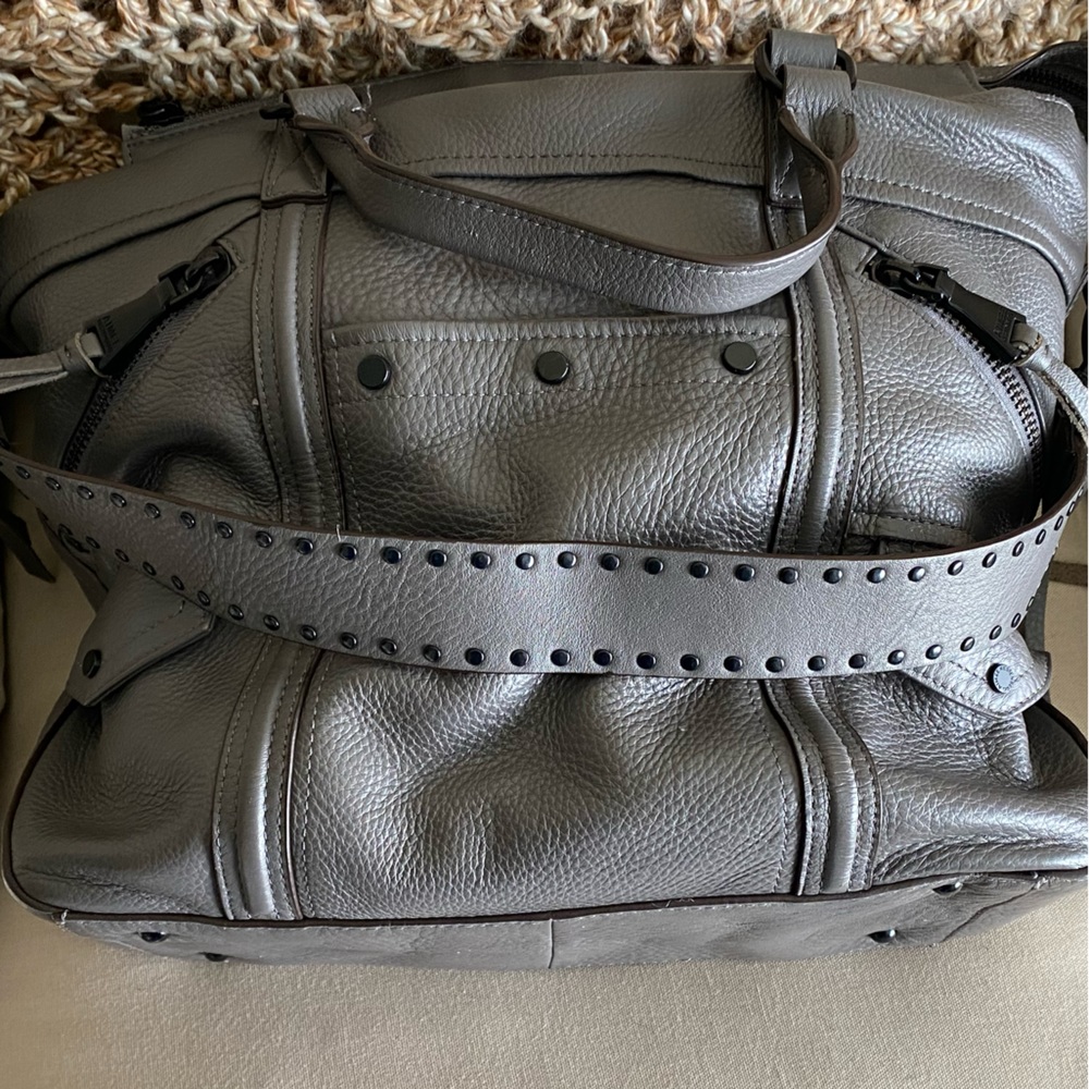 Aimee K Grey Fair Game Convertible Tote Leather w studded shoulder strap.